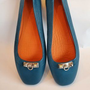 Like-New Hermes Liberty Epsom Calfskin Leather Blue Driving Flats Ballet Shoes